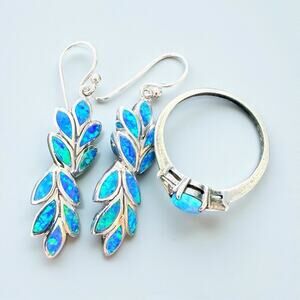 Sterling Silver 925 Opal Ring Size 9.75 and 925 Blue Opal Leaf Earrings 1.75”